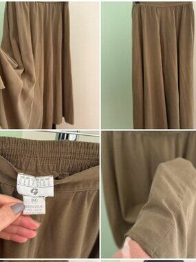George Georgiou 100% Silk Flowy Skirt Olive Khaki Elastic Waist Pockets Womens M